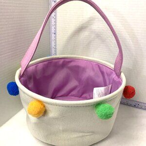 Beige Canvas Easter Basket with Multicolor Pom Poms Lavendar Lining